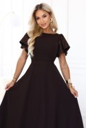 694-2 MIRELLA Elegancka rozkloszowana sukienka maxi z cekinowymi rękawami - czekoladowy brąz Numoco