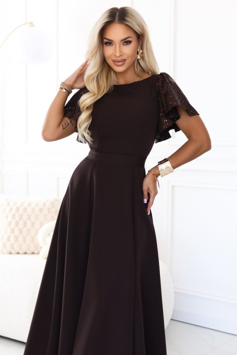 694-2 MIRELLA Elegancka rozkloszowana sukienka maxi z cekinowymi rękawami - czekoladowy brąz Numoco