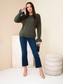 Sweter damski z moherem i wełną z falbaną przy rękawach khaki