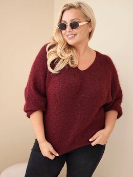 Sweter damski Plus Size z dekoltem V i szerokim rękawem bordowy