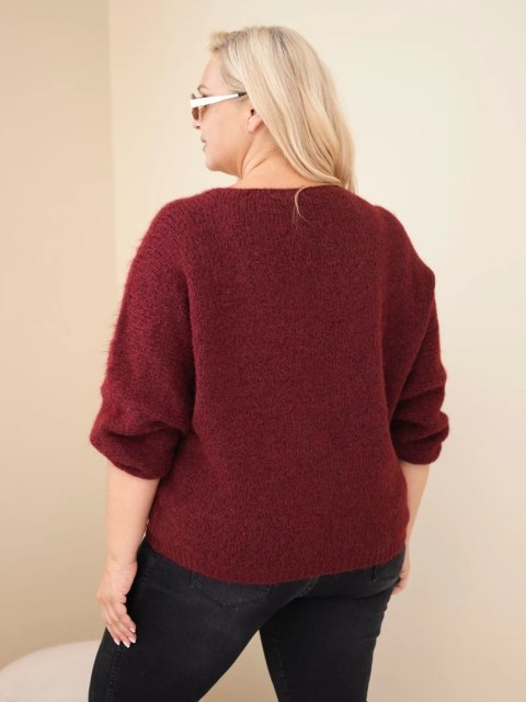 Sweter damski Plus Size z dekoltem V i szerokim rękawem bordowy