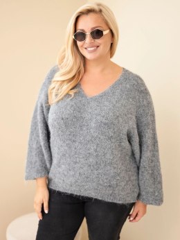 Sweter damski Plus Size z dekoltem V i szerokim rękawem szary