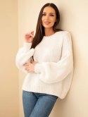 Sweter damski oversize z okrągłym dekoltem i ściągaczem jasny beżowy