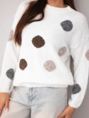 Sweter damski w kolorowe grochy z okrągłym dekoltem ecru