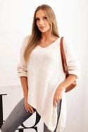 Sweter damski wełniany asymetryczny Plus Size z dekoltem V jasny beżowy
