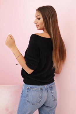 Sweter damski z miękkiego włosia z dekoltem V krótki rękaw czarny