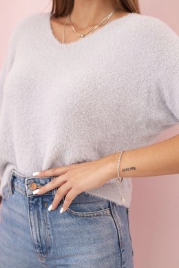 Sweter damski z miękkiego włosia z dekoltem V krótki rękaw szary