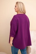 Bluzka damska Plus Size z bawełną z kieszenią i rękawem podwijanym ciemno fioletowa