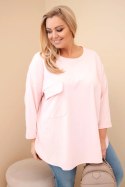Bluzka damska Plus Size z bawełną z kieszenią i rękawem podwijanym pudrowy róż