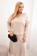 Komplet damska Plus Size z satynowym połyskiem i koronką beżowy
