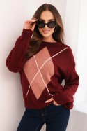Sweter damski w geometryczny wzór z domieszką wełny i alpaki bordowy