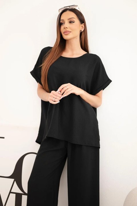 Komplet damski Plus Size bluzka i spodnie z szeroką nogawką czarny