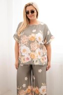 Komplet damski Plus Size z bluzką i spodniami w kwiaty z szeroką nogawką khaki