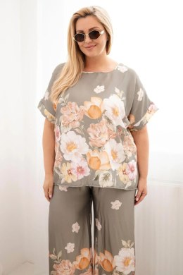 Komplet damski Plus Size z bluzką i spodniami w kwiaty z szeroką nogawką khaki