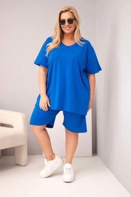 Komplet damski bawełniany Plus Size z bluzką i spodenkami chabrowy
