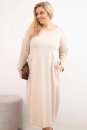Sukienka damska Plus Size bawełniana z długim rękawem i marszczeniem w talii beżowa