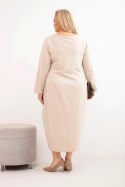 Sukienka damska Plus Size bawełniana z długim rękawem i marszczeniem w talii beżowa