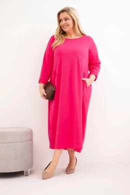 Sukienka damska Plus Size bawełniana z długim rękawem i marszczeniem w talii fuksja