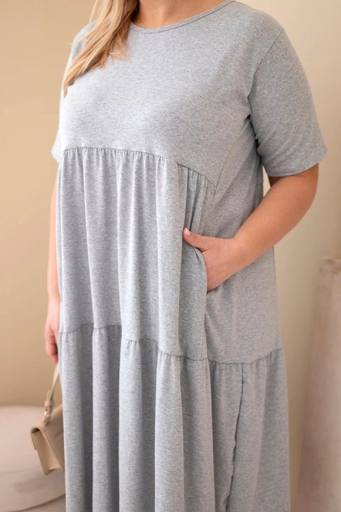 Sukienka damska bawełniana Plus Size z krótkim rękawem i falbaną szary melanż