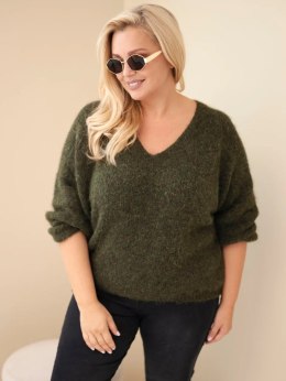 Sweter damski Plus Size z dekoltem V i szerokim rękawem khaki
