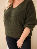 Sweter damski Plus Size z dekoltem V i szerokim rękawem khaki