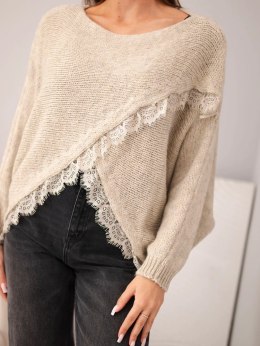 Sweter damski asymetryczny z koronkową wstawką beżowy