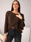 Sweter damski asymetryczny z koronkową wstawką brązowy