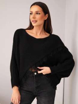 Sweter damski asymetryczny z koronkową wstawką czarny
