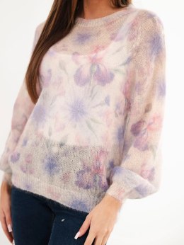 Sweter damski w 70% z kid moheru w kwiaty z długim rękawem fioletowy