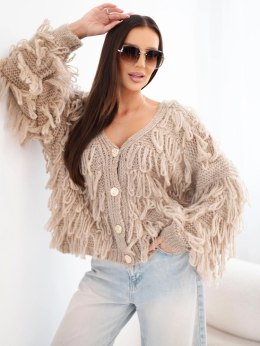 Sweter damski z frędzlami i ozdobnymi guzikami camelowy