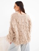 Sweter damski z frędzlami i ozdobnymi guzikami camelowy