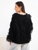 Sweter damski z frędzlami i ozdobnymi guzikami czarny