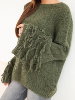 Sweter damski z frędzlami na rękawach i okrągłym dekoltem khaki