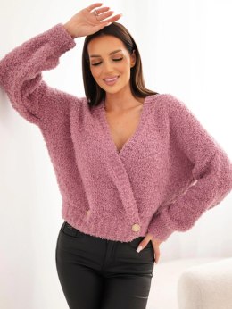 Sweter damski z moherem kopertowy z ozdobnymi guzikami ciemny różowy