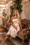 692-2 NAYA elegancka gorsetowa sukienka midi bez ramiączek z kokardą - jasny beż Numoco