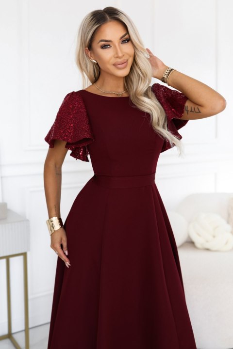 694-3 MIRELLA Elegancka rozkloszowana sukienka maxi z cekinowymi rękawami - bordowa Numoco