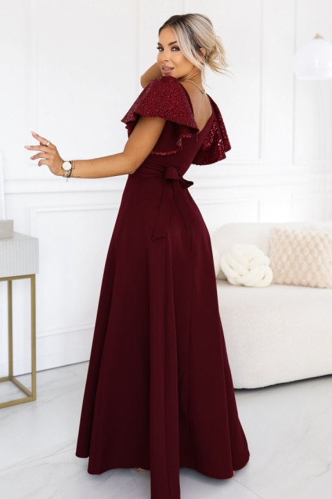 694-3 MIRELLA Elegancka rozkloszowana sukienka maxi z cekinowymi rękawami - bordowa Numoco