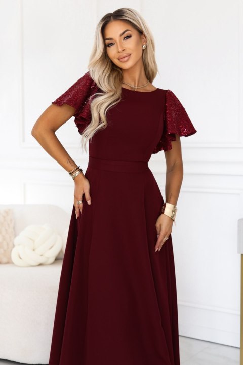 694-3 MIRELLA Elegancka rozkloszowana sukienka maxi z cekinowymi rękawami - bordowa Numoco