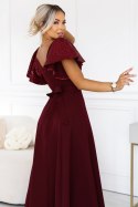 694-3 MIRELLA Elegancka rozkloszowana sukienka maxi z cekinowymi rękawami - bordowa Numoco