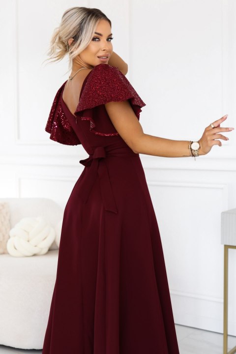694-3 MIRELLA Elegancka rozkloszowana sukienka maxi z cekinowymi rękawami - bordowa Numoco