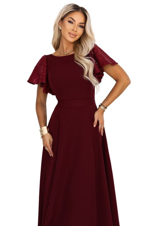 694-3 MIRELLA Elegancka rozkloszowana sukienka maxi z cekinowymi rękawami - bordowa Numoco