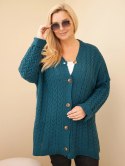 Kardigan damski Plus Size z guzikami i wzorem warkoczowym morski