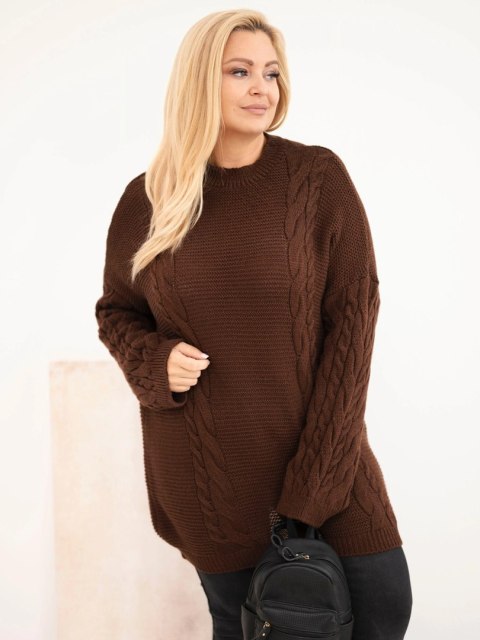 Sweter damski Plus Size z warkoczowym wzorem brązowy