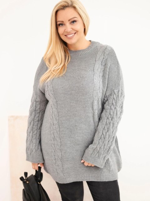 Sweter damski Plus Size z warkoczowym wzorem szary