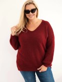 Sweter damski Plus Size z wełną z dekoltem V bordowy