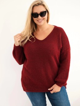 Sweter damski Plus Size z wełną z dekoltem V bordowy