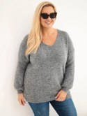 Sweter damski Plus Size z wełną z dekoltem V grafitowy