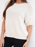 Sweter damski bawełniany ażurowy z krótkim rękawem beżowy