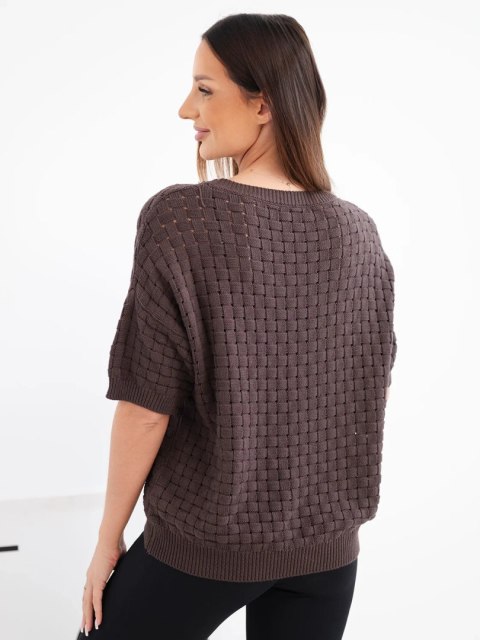 Sweter damski bawełniany ażurowy z krótkim rękawem brązowy