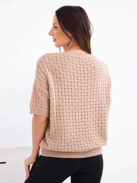 Sweter damski bawełniany ażurowy z krótkim rękawem camelowy
